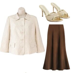 🌼CONTEXT Ivory Silk Jacquard Blazer Jacket | Floral Buttons Quiet Luxury | Sz 10